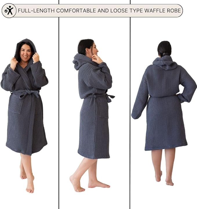 Unisex Hooded Waffle Robe for Women & Men 100% Turkish Cotton | Quick-Dry Bathrobe | Cozy Housecoat for Lounging