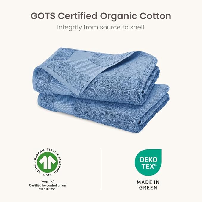 BIOWEAVES 100% Organic Cotton 700 GSM Plush Bath Towels 30" x 58" GOTS Certified - Cerulean Blue, Pack of 2