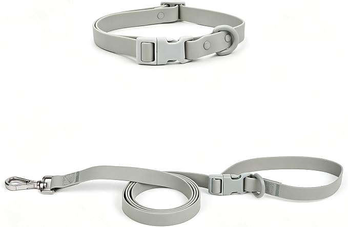 Ovale Waterproof PVC Dog Collar&Leash Set,Leash with Buckle.(S, Grey) | Durable PVC Material Easy to Clean, Multi Ways to Wear Hand/Waist/Shoulder