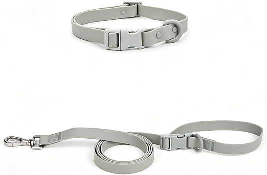 Ovale Waterproof PVC Dog Collar&Leash Set,Leash with Buckle.(S, Grey) | Durable PVC Material Easy to Clean, Multi Ways to Wear Hand/Waist/Shoulder