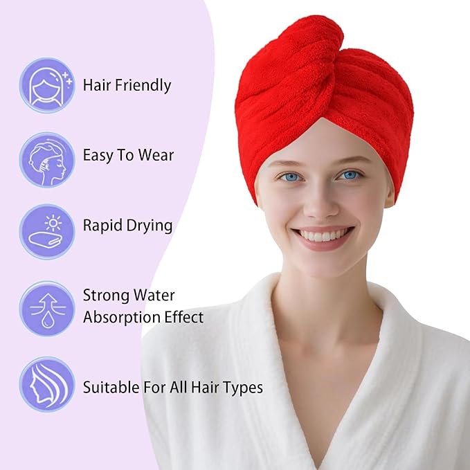 Microfiber Hair Drying Towel Wrap for Women, Hair Turbans Towel for Wet Hair,turbie Twist Hair Towels(The Color of the Picture is for Reference only) (Red-Double Layer)