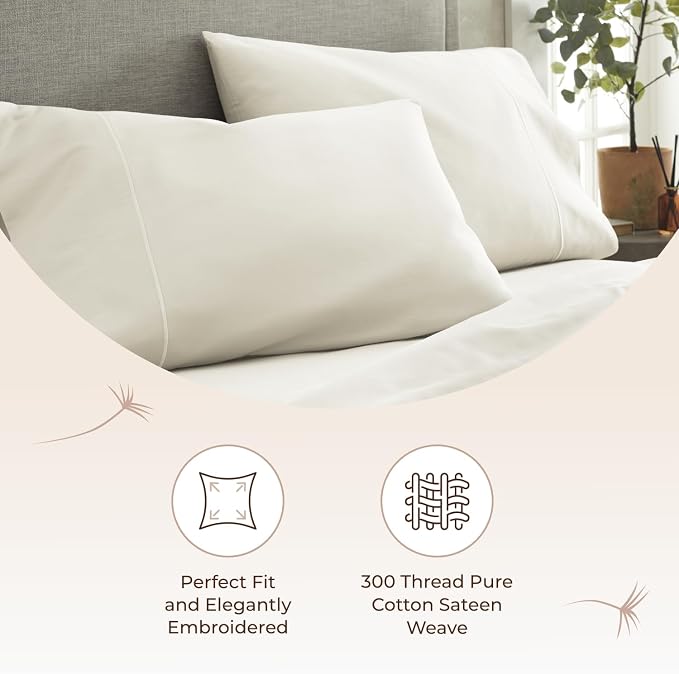 100% Organic Cotton Pillow Cases King Size Set of 2-100% Cotton Pillowcases GOTS Certified 300 Thread Count - Naturally Cooling Comfortable Breathable & Soft Pillow Cases (Natural, King)