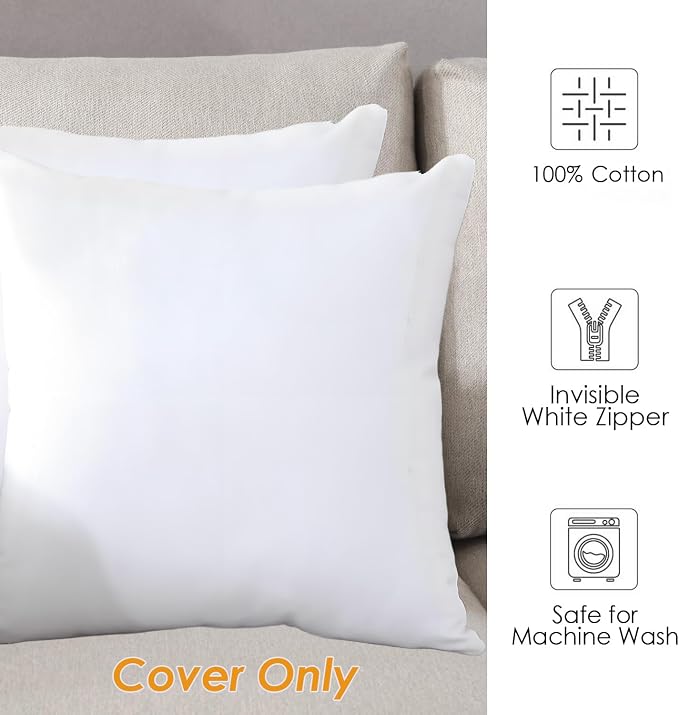 TAOSON set of 2,100% Cotton Soft Square Decorative Throw Pillow Protector Pillow Covers Sofa Solid Colors Couch Cushion Pillowcases with Hidden Zipper Only Cover No Insert - White 16 x 16 inch/40x40cm
