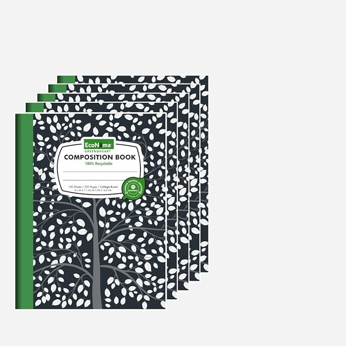 Composition Notebooks Pack of 5 Wide Ruled 200 Pages (100 Sheets) 9.75"x7.5" Black Marble Carbon Neutral Recyclable Paper Eco-Friendly School & Office Supplies For Students and Professionals