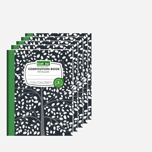 Composition Notebooks Pack of 5 Wide Ruled 200 Pages (100 Sheets) 9.75"x7.5" Black Marble Carbon Neutral Recyclable Paper Eco-Friendly School & Office Supplies For Students and Professionals