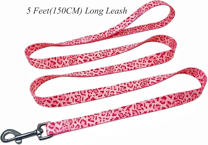Dog Collar Leash Set, Leopard Pattern, Polyester Material, Adjustable Collar and 5ft Matching Leash, for Medium Dogs.(M, Pink Leopard)