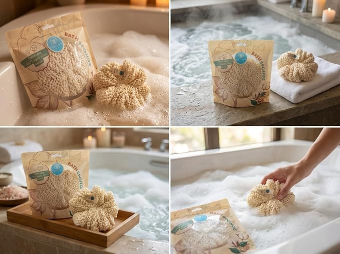 Organic Bath Sponge/Natura Bath Organic Cotton Bath Sponge – Ultra Soft Natural Body Sponge for Shower, Gentle Exfoliating Bath Sponge for Sensitive Skin, Reusable Eco-Friendly Shower Sponge