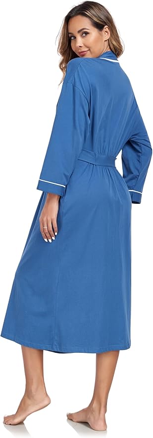 COLORFULLEAF 100% Cotton Women's Robes Summer Lightweight Kimono Soft Long Cotton Bathrobe for Women with Pockets