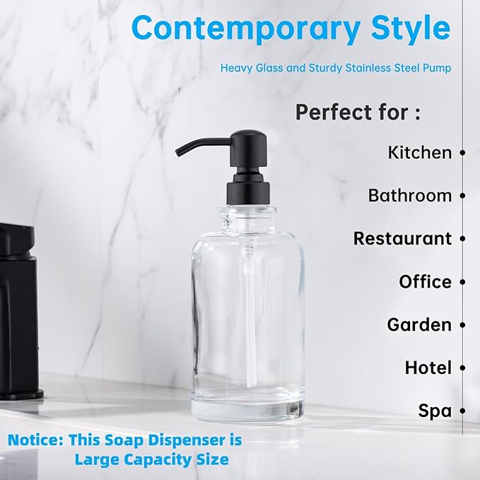 Glass Soap Dispenser Clear Bottle with Black Pump, 17 OZ Liquid Soap Dispenser Cylindrical with Stainless Steel Pump for Dish Hand Soap Bathroom Kitchen Large Capacity