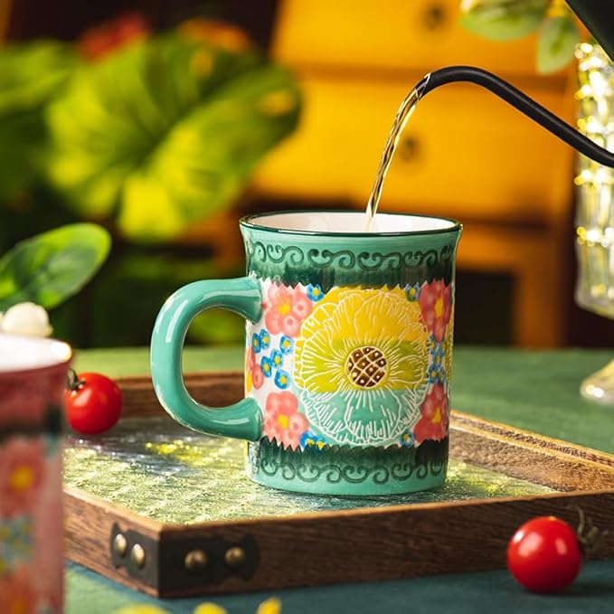 Pottery Coffee Mug,14oz, Hand Painted Ceramic Tea Cups with Unique Design for Hot or Cold Drinks (Green Field)