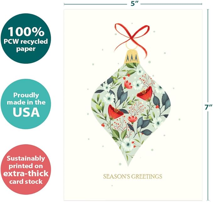 Tree-Free Greetings - Season's Greeting Card - Artful Designs - 1 Card + Matching Envelopes - Made in USA - 100% Recycled Paper - 5 x 7 - Elegant Ornament (VO80672)