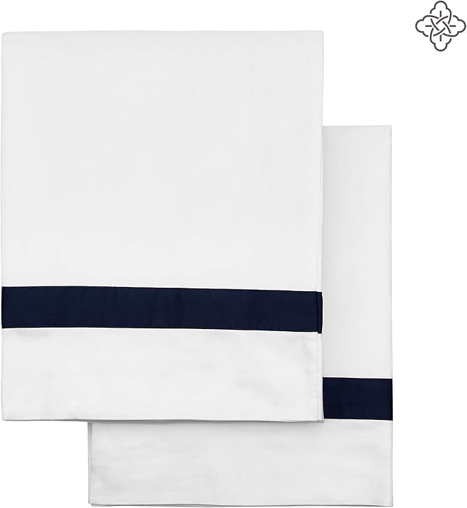 BIOWEAVES 100% Organic Cotton Banded Pillow Cases Soft Sateen Weave GOTS Certified – Standard/Queen Size, Set of 2, White & Navy