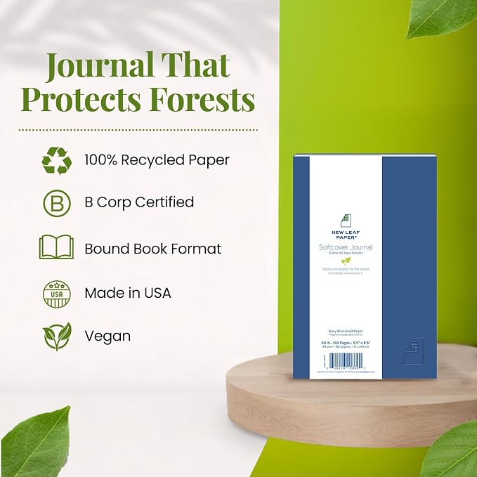 100% Recycled Softcover Lined Journal, Navy Blue, 8.5" x 5.5", 192 Pages, Embossed, Perfect Bound, FSC Certified, Made in USA