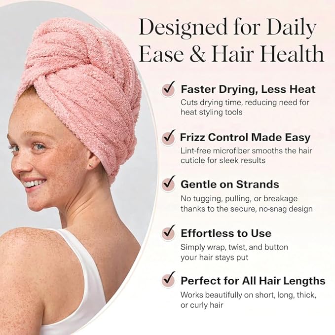 Luxury Microfiber Hair Towel Wrap for Women - Quick Dry, Super Absorbent Hair Turban, Soft & Lightweight Anti-Frizz Towel for Long, Thick & Curly Hair (Pink Blush, 48" × 24")