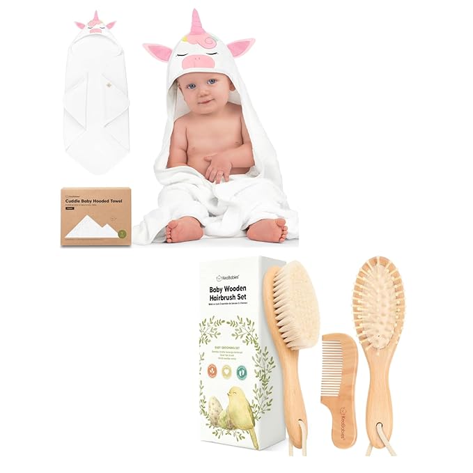 KeaBabies Baby Hooded Towel and Baby Hair Brush and Baby Comb Set - Baby Towel, Toddler Towels, Hooded Towels for Baby - Wooden Baby Brush with Soft Goat Bristle