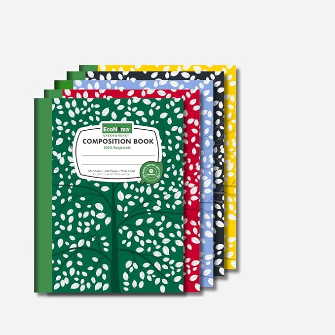 Composition Notebooks Pack of 5 Wide Ruled 200 Pages (100 Sheets) 9.75"x7.5" Carbon Neutral Recyclable Paper Eco-Friendly School & Office Supplies For Students and Professionals Assorted Color