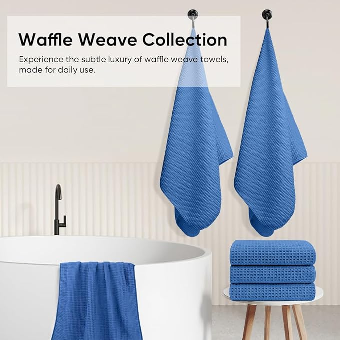 HOMEXCEL Waffle Bath Towels 4 Pack, Premium Microfiber Beach Towels, Ultra Soft, Lightweight, Highly Absorbent Quick Dry Towel for Bathroom, Beach, Pool, Gym, Shower, Hotel and Spa, 30 x 60 Inch Blue