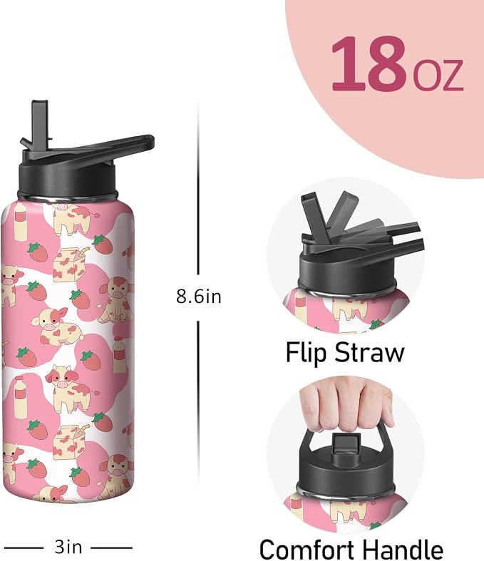 18oz Pink Cow Strawberry Water Bottle with Handle and Flip Straw,Animal Sports Stainless Steel Insulated Cup Travel Coffee Mug Tumbler, Birthday Mothers Day Chritmas Gifts for Women