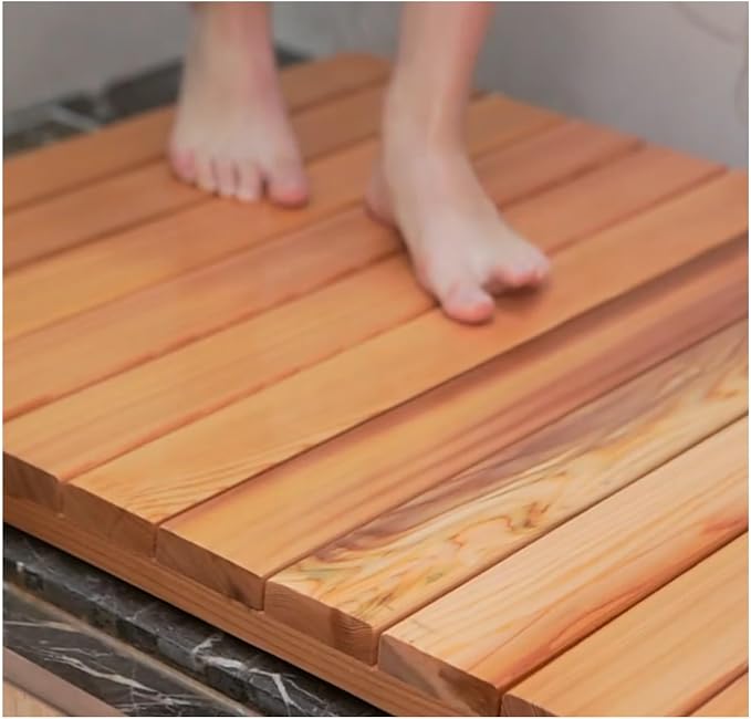 Solid Wood Shower Mat Non Slip, Bamboo Bath Mat for Bathroom, Waterproof Wooden Shower Floor Mats for Doorway Sauna Spa Yard Patio Pool Outdoor Use(W70xL90cm/W28xL36in)