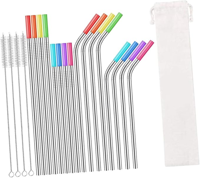 VANZACK 37pcs Stainless Steel Reusable Drinking Straws Set with Cleaning Brushes and Protective Bag, Sturdy Metal Beverage Straws for Party Drinks and Smoothies