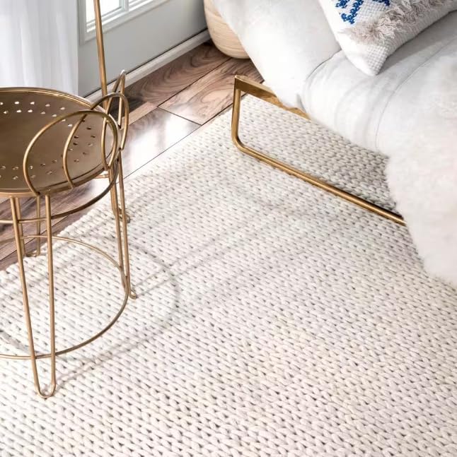 FRELISH DECOR Wool Cotton Area Rug for Living Room and Bedroom, 8'x10' Handwoven Braided Chunky Knit Cable Rugs, Farmhouse Contemporary Area Rug: Wool Ivory Premium