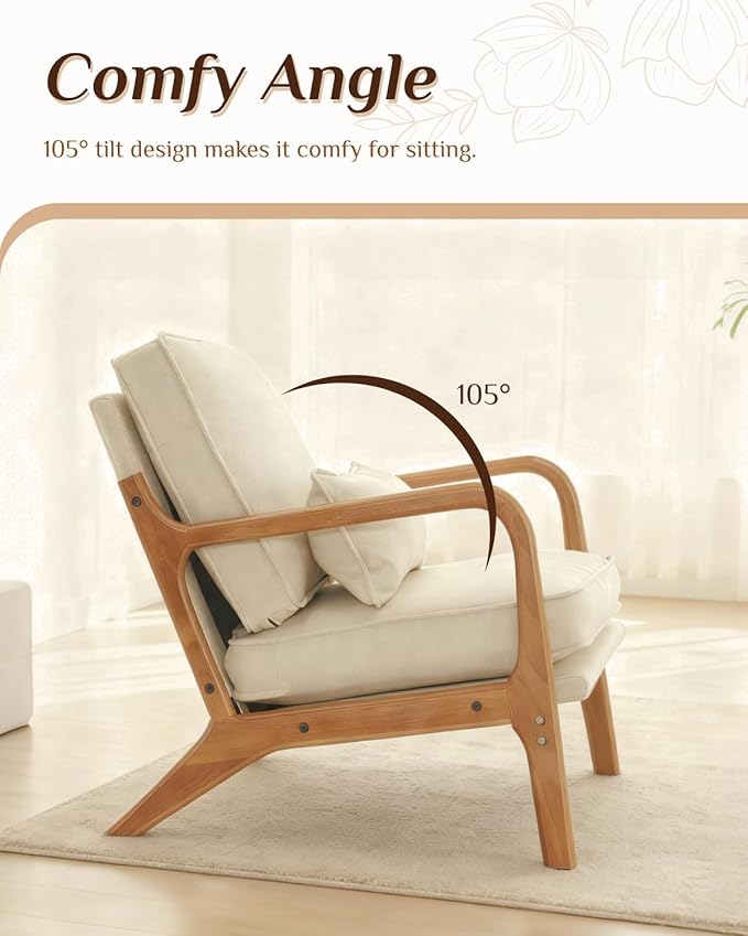 Karl home Mid-Century Modern Accent Reading Chair, Beige | Linen Upholstered, Solid Wood Frame, Soft Cushion, Lumbar Pillow, Lounge Armchair for Living Room, Bedroom, Balcony, Study