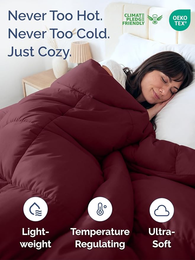 Queen Size, Burgundy Alternative Down Comforter - Warm, Lightweight & Breathable Hotel Quality Bedding Set for Men, Women, Kids & Teens - All Season Oversized Cooling Microfiber Duvet Insert Comforter