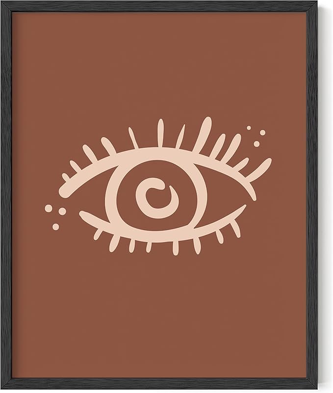 Mystical Evil Eye Wall Art Nazar Protection Symbol Earth Tones Terracotta Mid Century Modern 16x20 Inch Oak Wood Black Framed Boho Spiritual Decor Print for Home