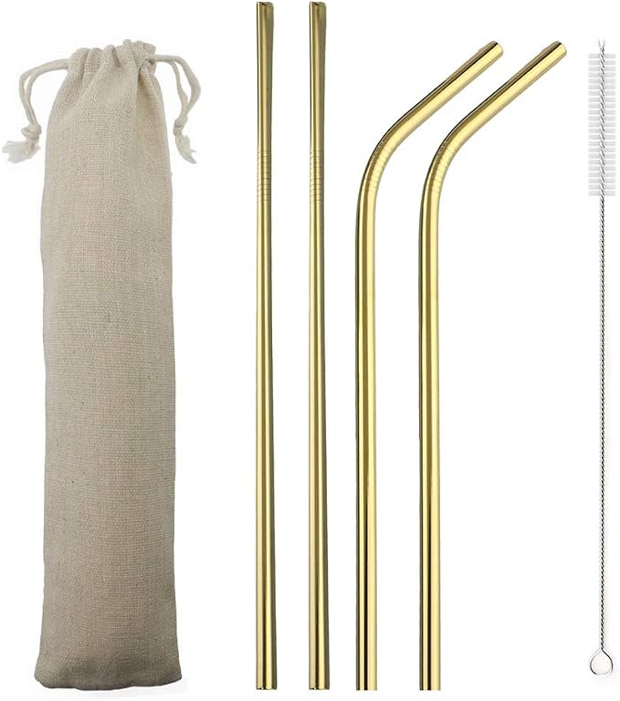 JASHII Reusable Portable Metal Straws Stainless Steel Eco-friendly Drinking Straw with Travel Cloth Bag (2 Bent 2 Straight 1 Brush),Gold