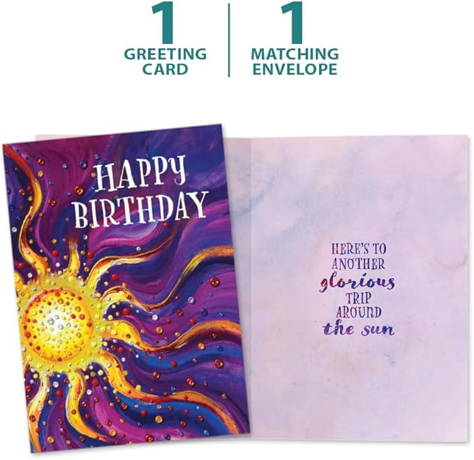 Tree-Free Greetings Another Glorious Trip Birthday Card - 1 Recycled 5x7 Card & Matching Envelopes, Thick Cardstock, Made in USA - Artfully Painted Sun