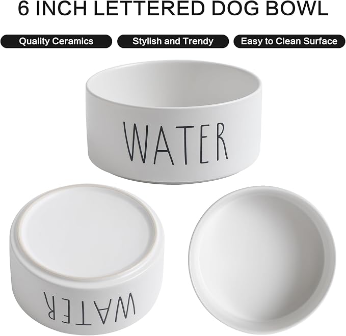 Elevated Ceramic Dog Bowls Set - Food & Water Lettering Raised Dog Bowl with Non-Slip Bamboo Stand for Small and Medium Dogs, Weighted Dogs Dishes Pet Bowls (6 inch, 2 * 30oz, White)