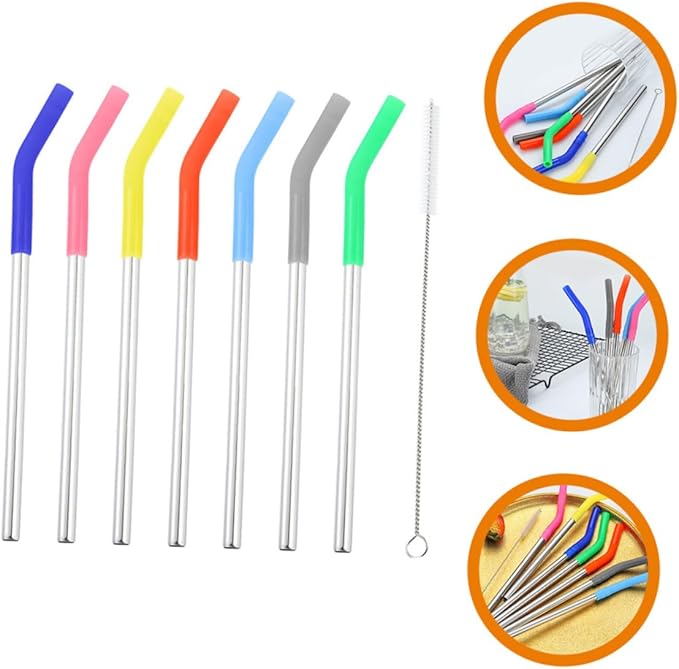 Garneck Reusable Stainless Steel Straws Set with Silicone Sleeves Cleaning Brush Mixed Colors Drinking Straws for Home Office Travel and Outdoor Use