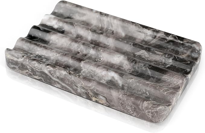 Karibiber Marble Soap Dish, Bar Soap Holder Shower, Brown Soaps Saver with Water Ripple Design, Easy Cleaning Stone Sponge Holder for Kitchen Sink，Bathroom, Executive Natural Stone Soap Tray