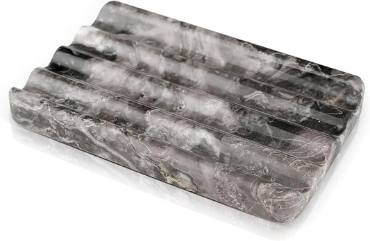 Karibiber Marble Soap Dish, Bar Soap Holder Shower, Brown Soaps Saver with Water Ripple Design, Easy Cleaning Stone Sponge Holder for Kitchen Sink，Bathroom, Executive Natural Stone Soap Tray