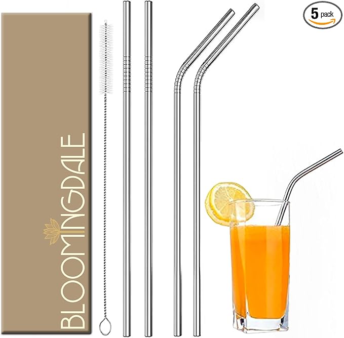 Bloomingdale Straw Reusable Stainless Steel Straw with Cleaning Brush- Long Metal Straws for Drinking Juice, Smoothie, Beverage, Reusable Set of 5 (2- Bend Pipe, 2- Long Straw, 1-Cleaning Brush)