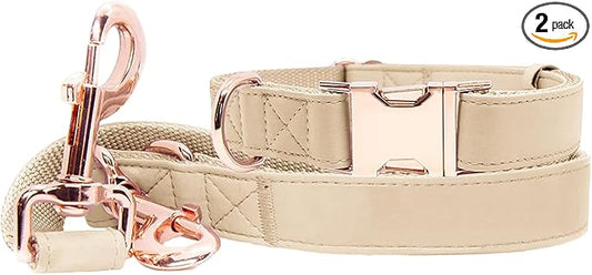 Soft Leather Dog Collar and Leash (6.6') Set - Stylish Rose Gold Heavy Duty Metal Buckle, 4 Adjustable Lengths Leash for Small Medium Large Dogs - Comfortable & Easy to Clean Beige M(13.8"-19.7")