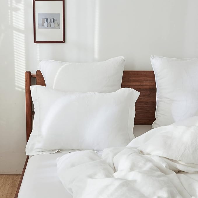 100% French Linen Pillow Shams Basic Style - Pack of 2 - Washed Solid Color Natural Flax Soft Breathable - White, 20'' x 36''