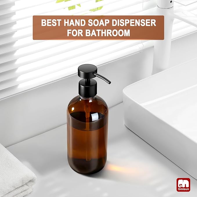 GMISUN Amber Glass Soap Dispenser, 1 Pack Dish Soap Dispensers for Kitchen with Rustproof Stainless Steel Pump, 17 Fl Oz Bathroom Hand Soap Dispenser, Brown Liquid Dishwashing Dispensers Bottle