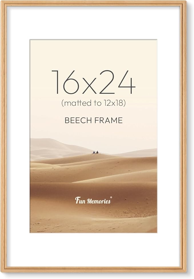 16x24 Picture Frame with Mat for 12x18, USA-Sourced Beech Wood Handcrafted Rounded Corner with HD Tempered Glass, 16 x 24 Gallery Wall Frames for Posters & Art Prints, Vertically or Horizontally