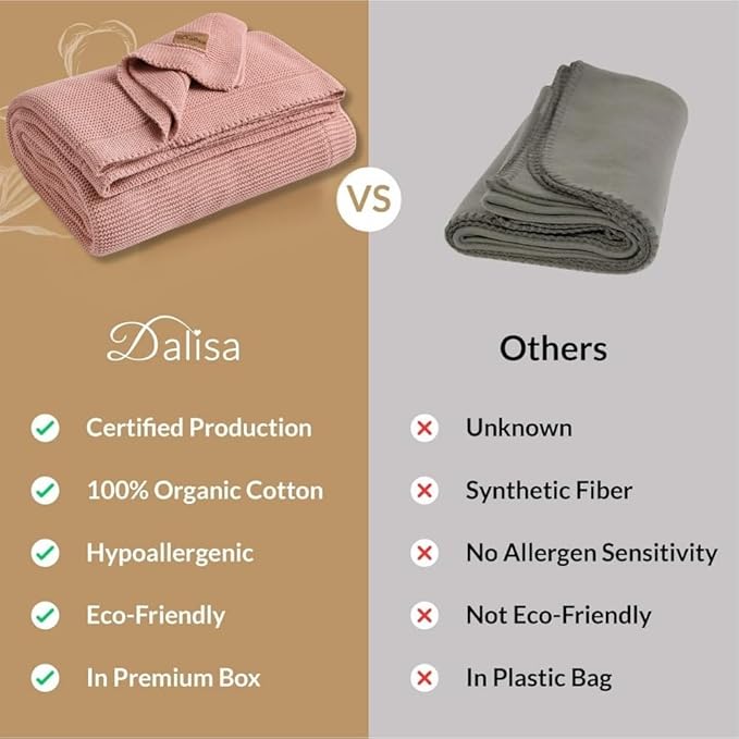 Dalisa 100% Organic Turkish Cotton Throw Blanket - GOTS Certified, Cozy - Perfect for Couch, Bed, and Home Decor - Boho Vintage Knit Alina (Pink, 50x60)