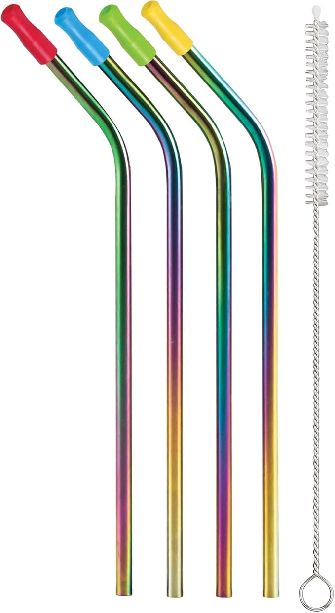 HIC Kitchen Reusable Rainbow Drinking Straws and Straw Tips, 18/8 Stainless Steel and Silicone, Includes Cleaning Brush