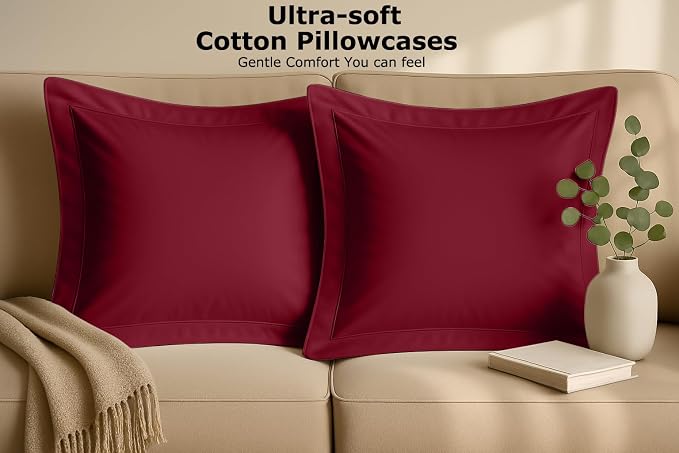 2 Pack Euro Pillow Shams 28x28 – 600 Thread Count 100% Organic Cotton Burgundy Square Pillow Covers with 2 Inch Flange, Soft & Smooth Premium Hotel-Quality Pillowcases Set of 2