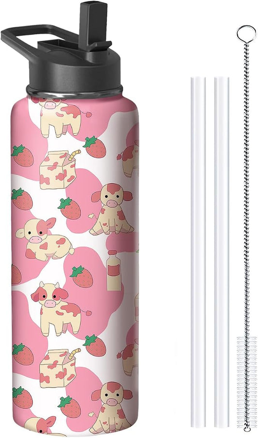40oz Pink Cow Strawberry Water Bottle with Handle and Flip Straw,Animal Sports Stainless Steel Insulated Cup Travel Coffee Mug Tumbler, Birthday Mothers Day Chritmas Gifts for Women
