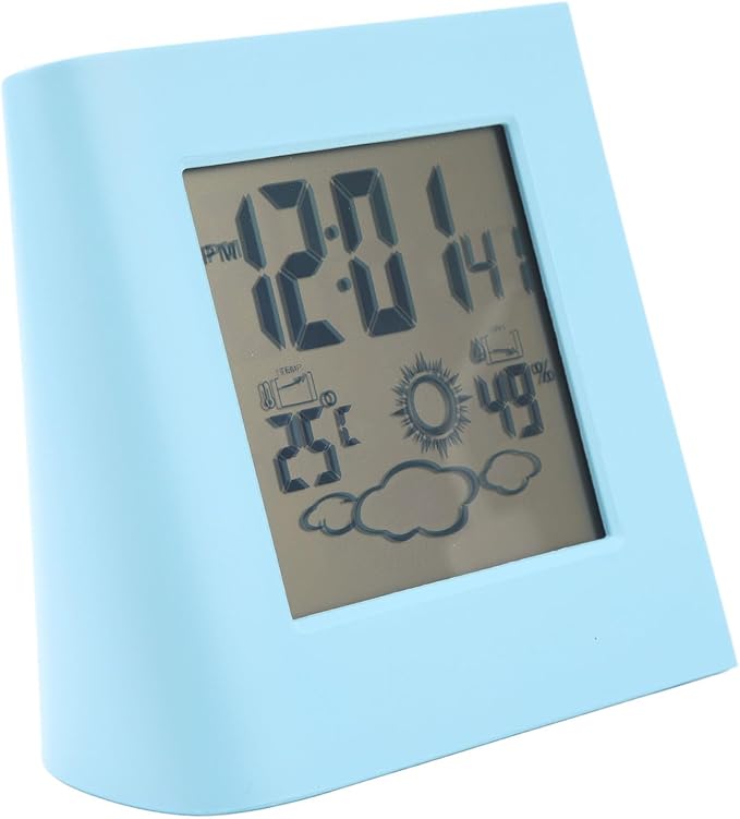 Solar Powered Dual Energy Alarm Clock with Weather Forecast and Temperature Humidity Display for Home Office (Blue)