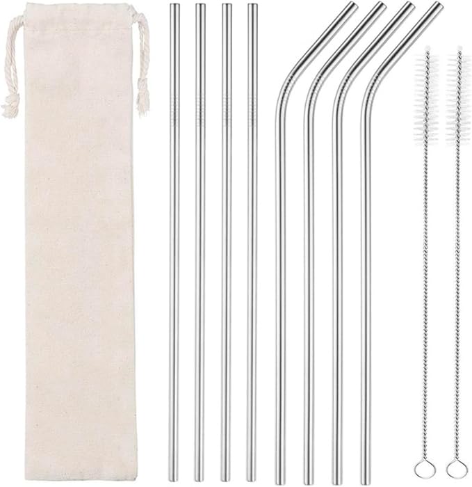 Silver 8-Pack Stainless Steel Drinking Straws – 10.5” Long, Fits Cups Up to 30 OZ. Includes 2 Cleaning Brushes and a Carrying Case for Easy Storage and Travel. Durable and Reusable.