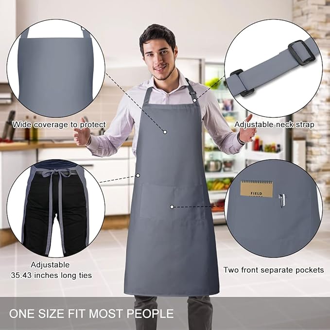 Jubatus 2 Pack 100% Cotton Aprons with 2 Pockets Cooking Chef Kitchen Adjustable Bib Apron for Women Men, Gray
