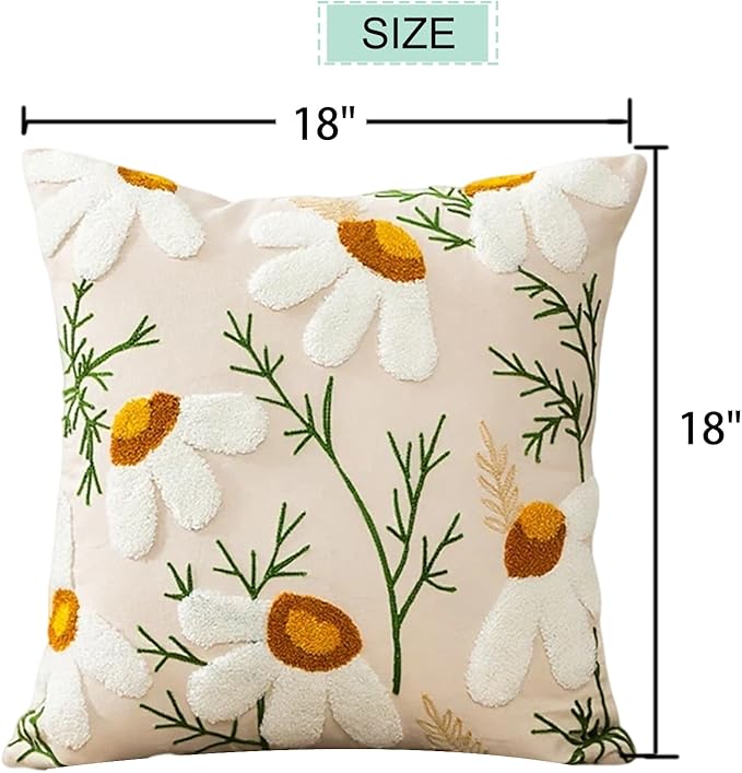 Embroidered Throw Pillow Cover 18x18 Inch,Cotton Canvas Floral Pillow Case, Daisy Wildflower Leaf Boho Farmhouse Decorative Cushion Square for Sofa Bedroom Living Room Outdoor Couch (A006)