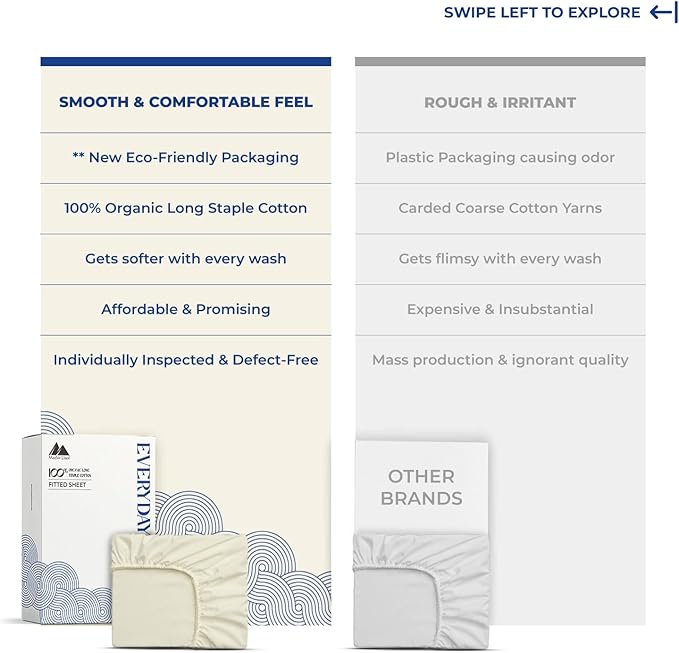 Mayfair Linen 100% Organic Cotton Percale Weave Fitted Sheet California King Size, Ivory, 1 Deep Pocket Cal King Fitted Sheet, Fits Mattress Upto 16" Crisp and Cool Bed Linen, Luxury GOTS Certified