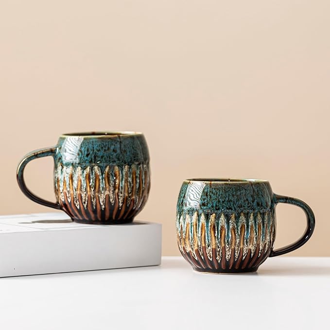 20oz Large Coffee Mug - Unique Handcrafted Look Ceramic Cup, Large Tea Mug, Microwave & Dishwasher Safe (blue,Set of 4)