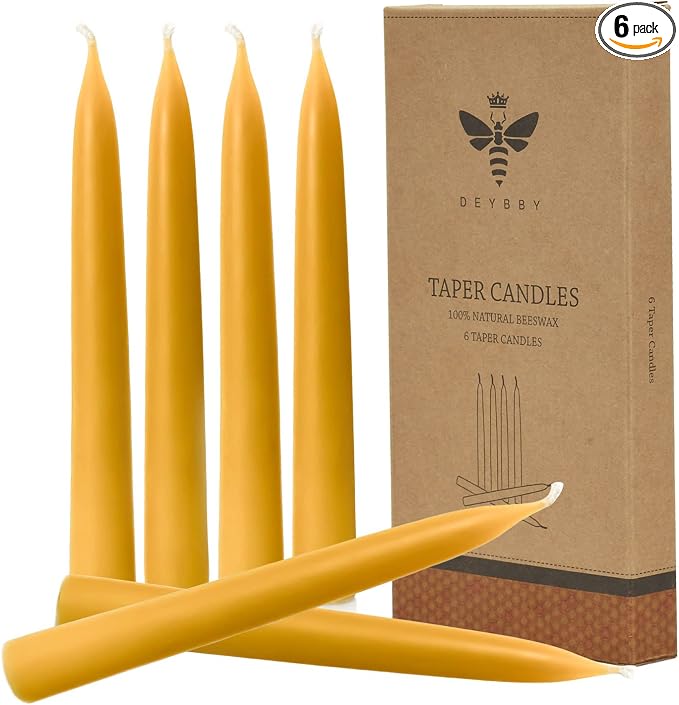 8 inch Natural Beeswax Taper Candles Set of 6, DEYBBY Smokeless and Dripless Organic Natural Beeswax Candles for Home Dinner Decor Emergency Housewarming Gift, Long Lasting Burning, Nontoxic